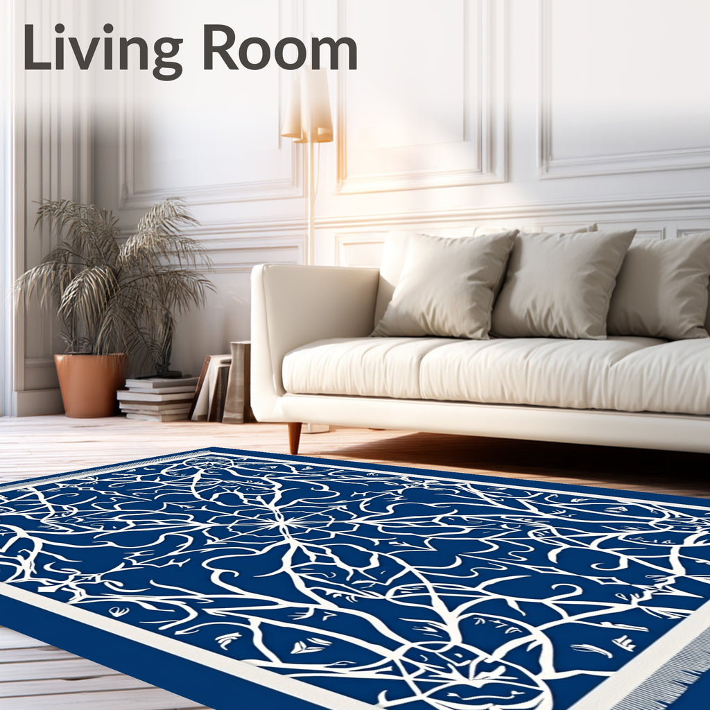Deep Blue White Intricate Floral Medallion Rug