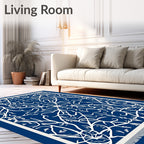 Deep Blue White Intricate Floral Medallion Rug