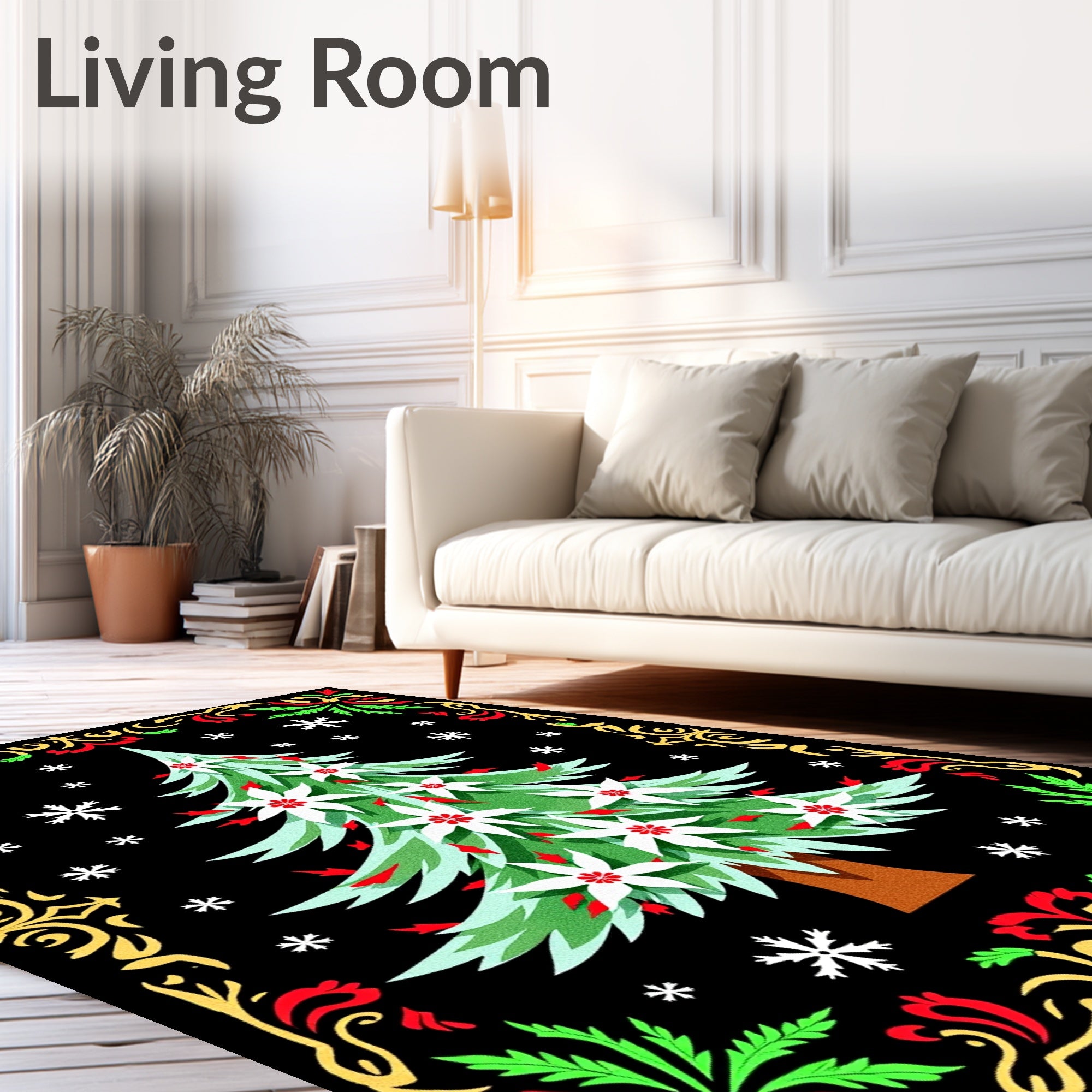 Festive Christmas Tree Poinsettia Snowflakes Rug