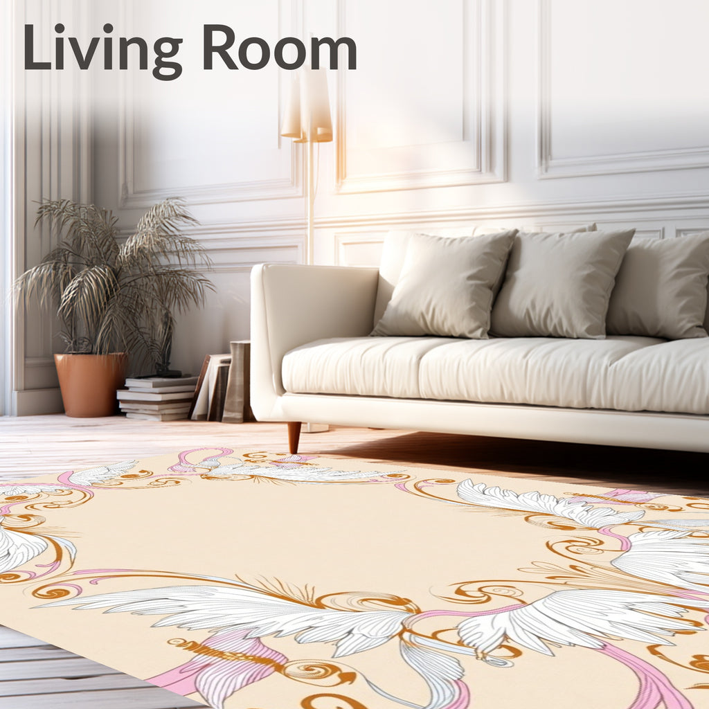 Delicate White Wings Pink Swirls Border Rug