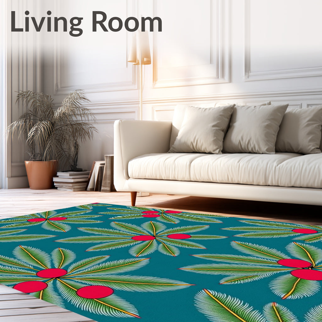 Teal Tropical Palm Leaf Red Berry Rug