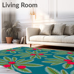 Teal Tropical Palm Leaf Red Berry Rug