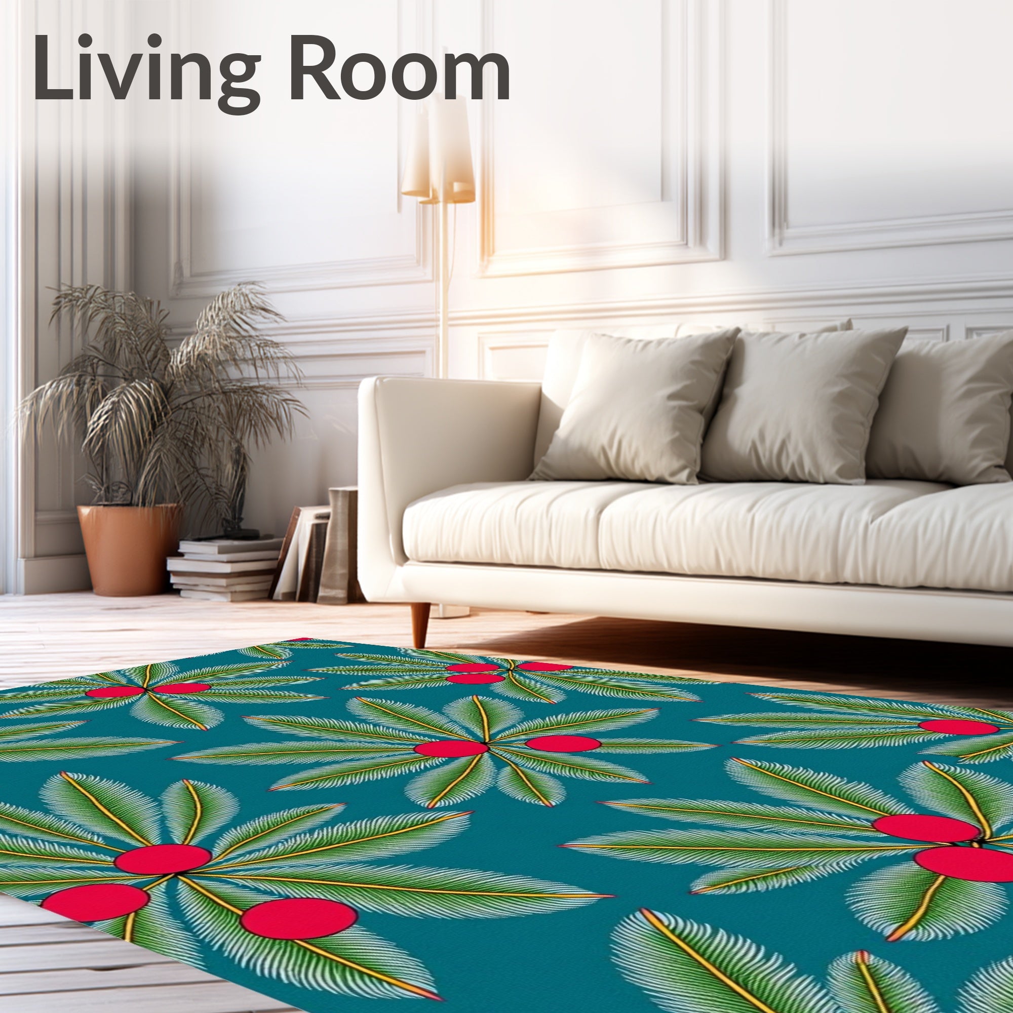 Teal Tropical Palm Leaf Red Berry Rug