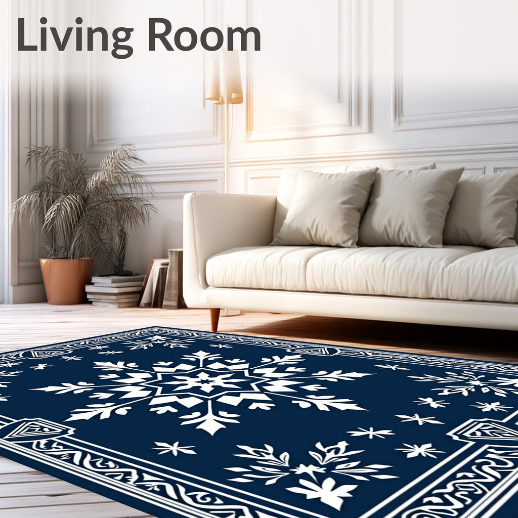 Deep Blue Snowflake Floral Border Rug