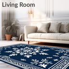 Deep Blue Snowflake Floral Border Rug