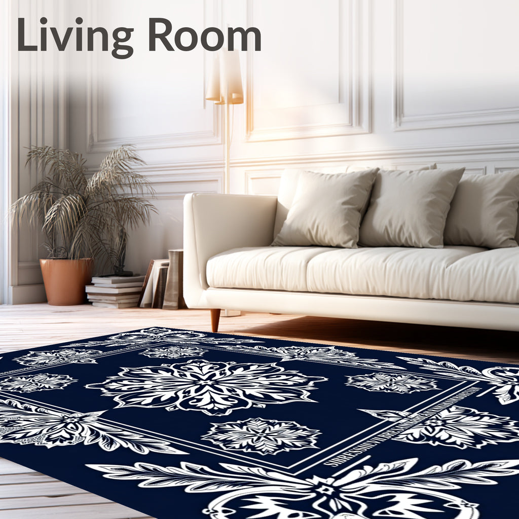 Rich Navy White Floral Mandala Rug