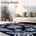 Rich Navy White Floral Mandala Rug