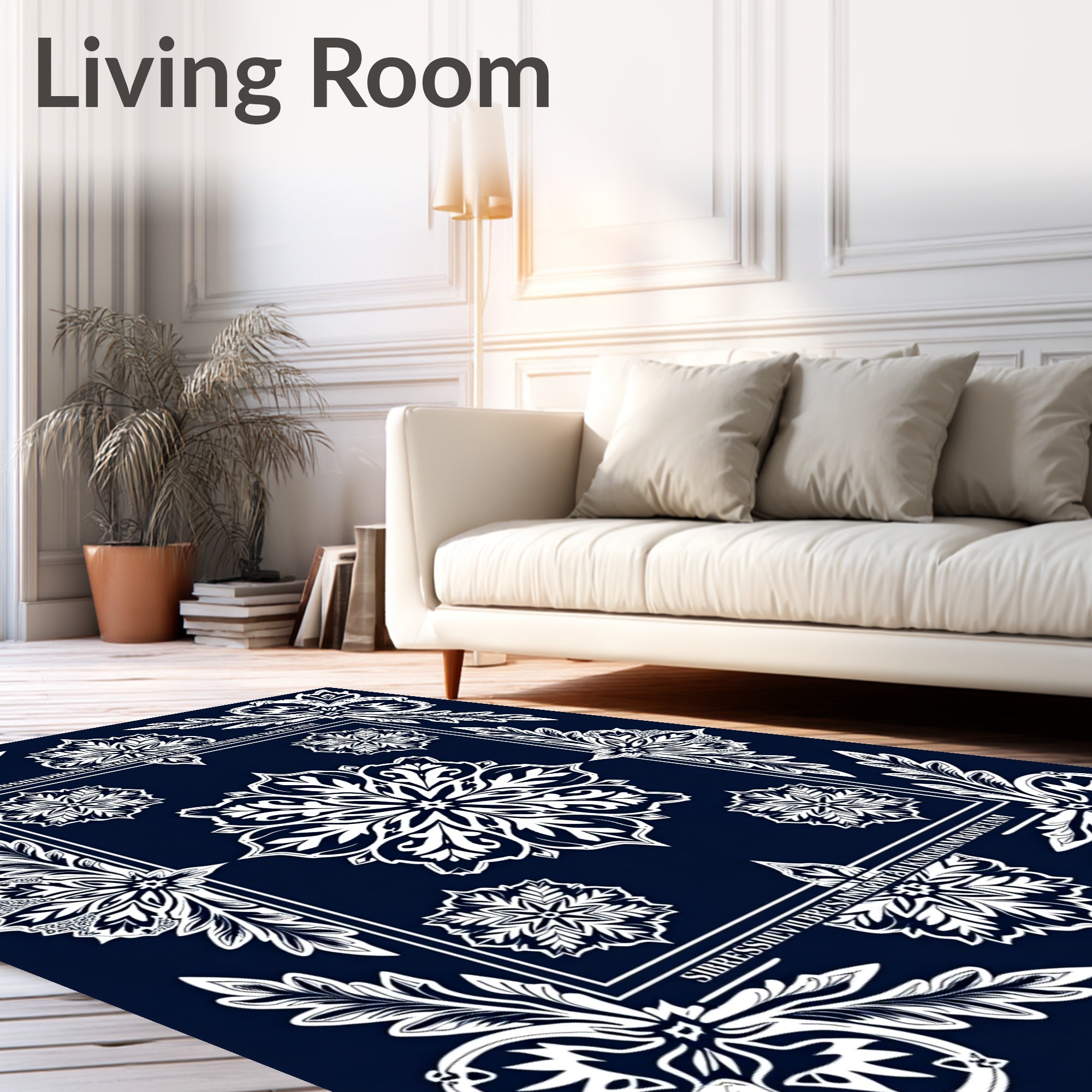 Rich Navy White Floral Mandala Rug