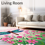 Vibrant Blue Dragonfly Pink Floral Meadow Rug