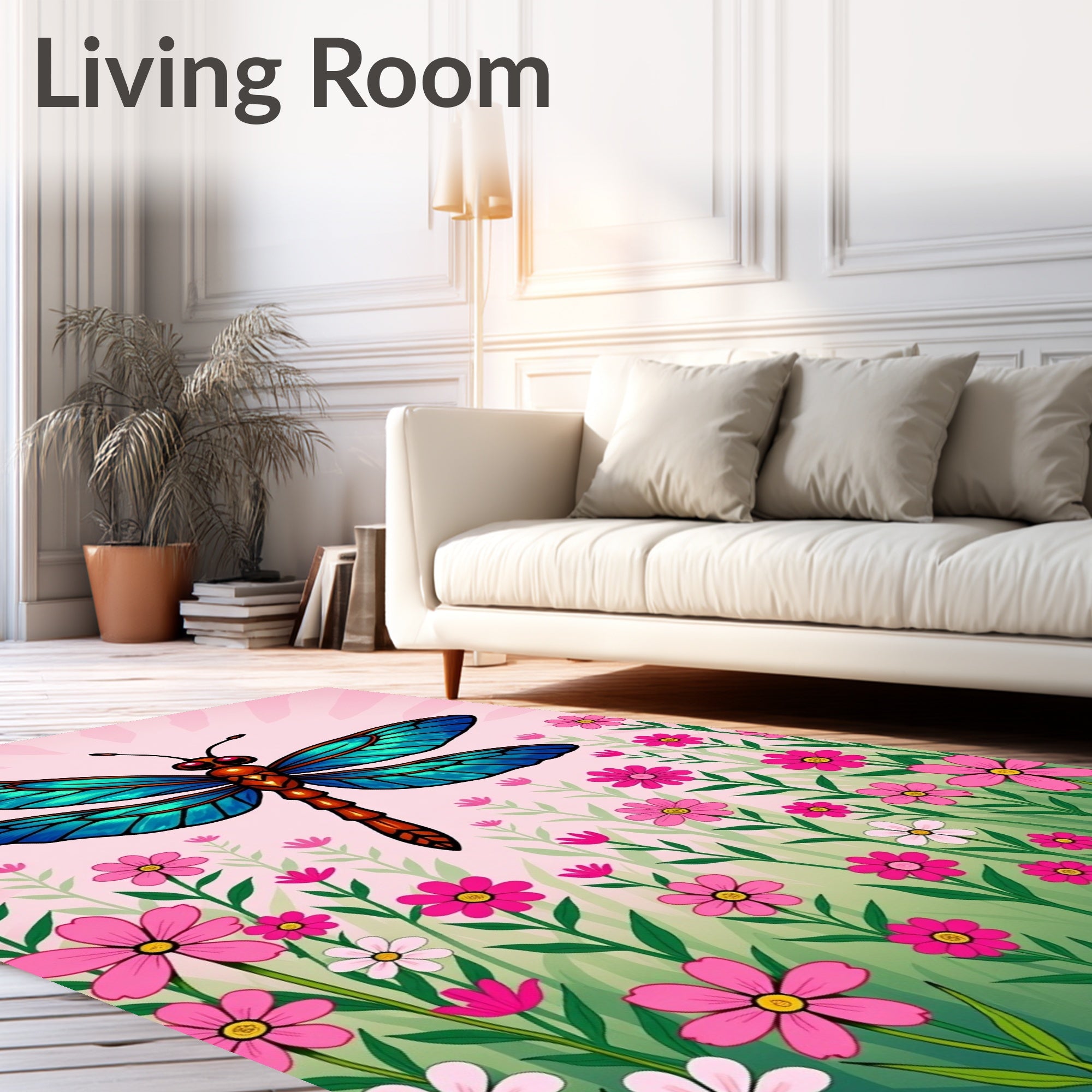 Vibrant Blue Dragonfly Pink Floral Meadow Rug