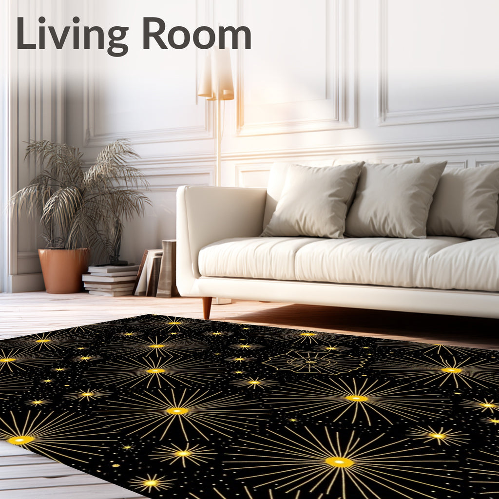 Golden Starbursts Black Night Rug