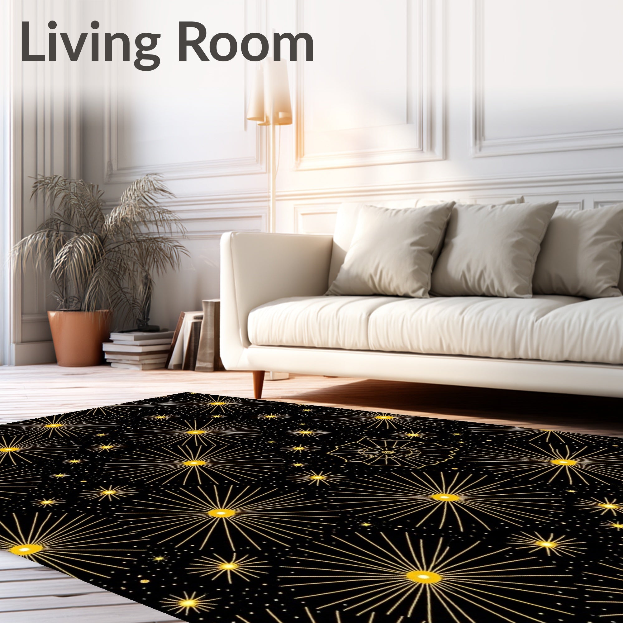 Golden Starbursts Black Night Rug