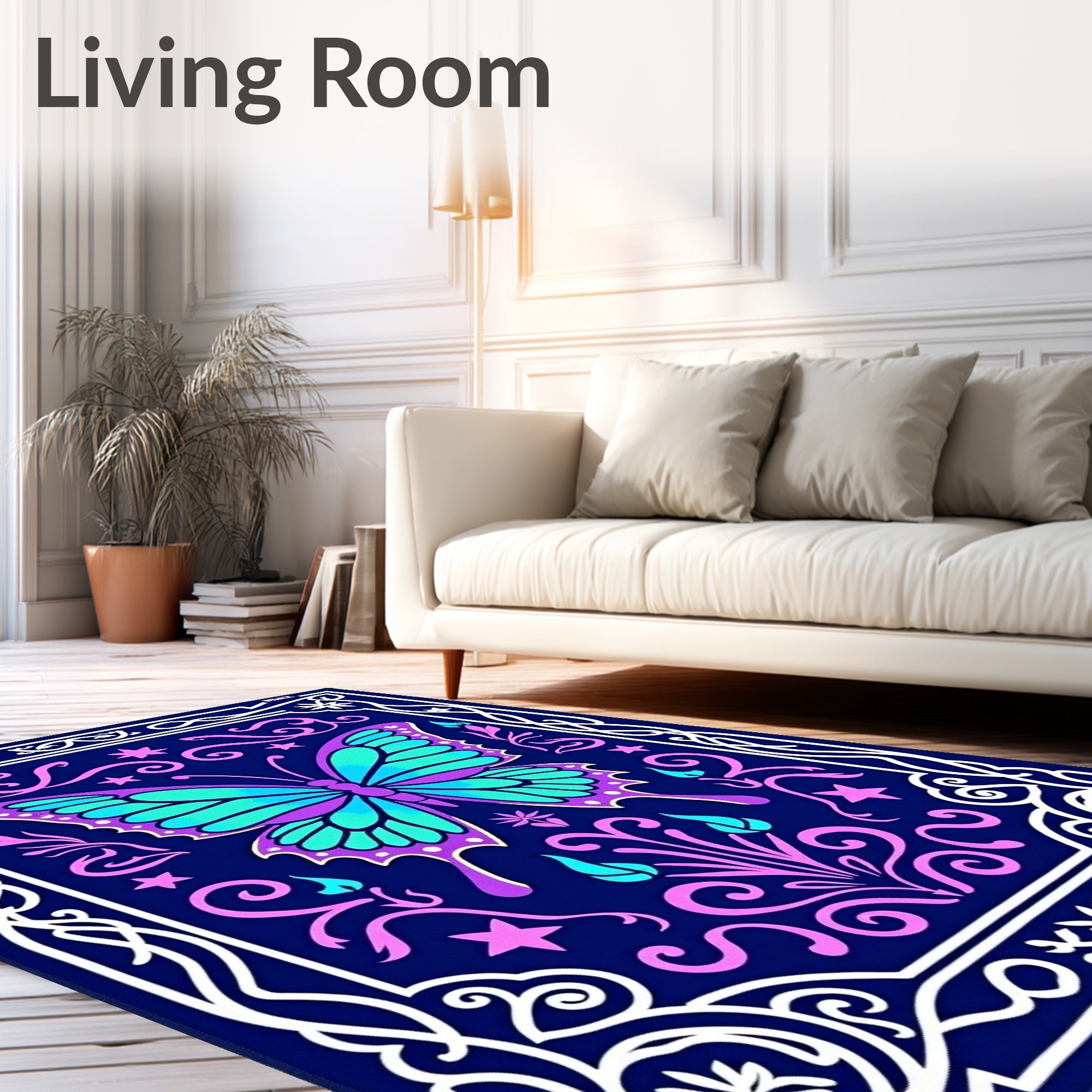 Vibrant Blue Butterfly Floral Garden Rug