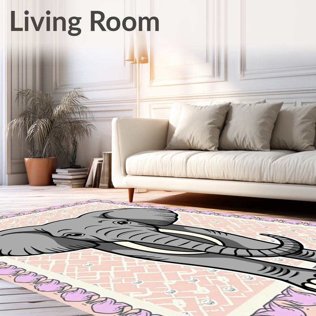 Playful Gray Elephant Pink Mandala Rug