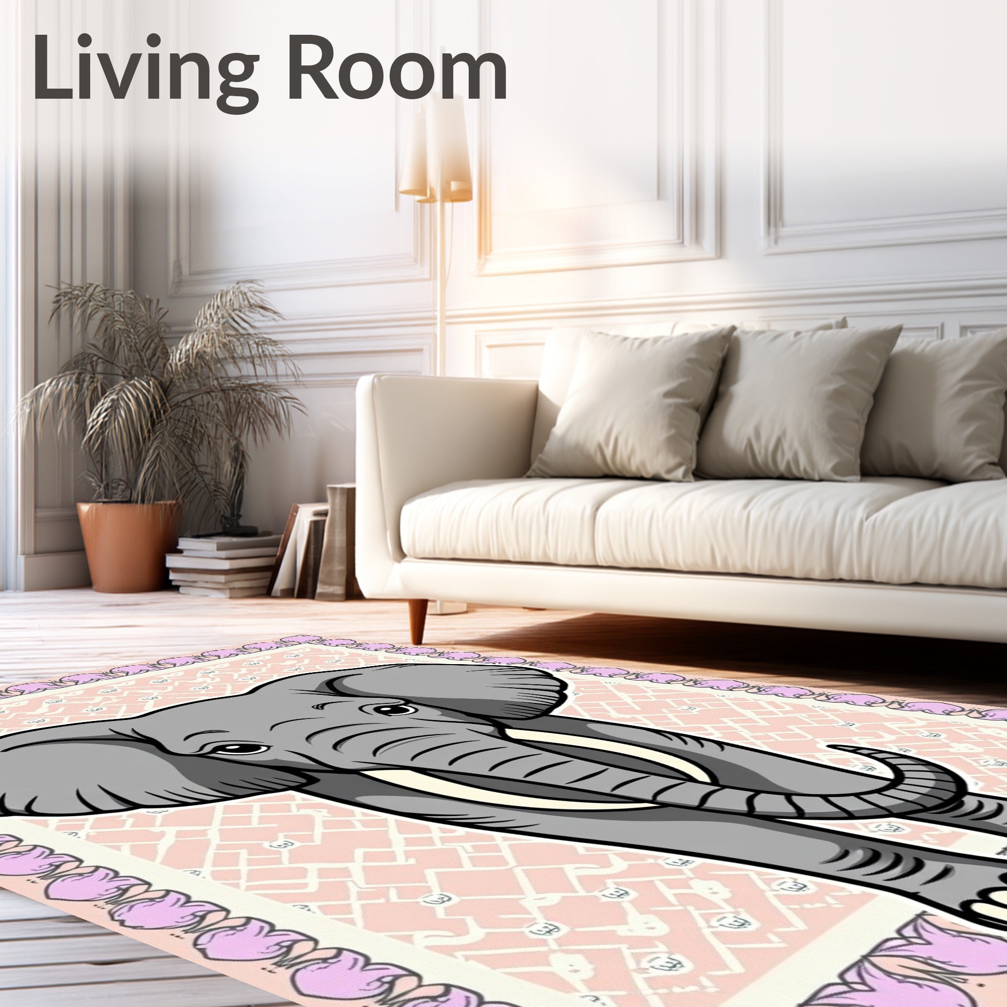 Playful Gray Elephant Pink Mandala Rug