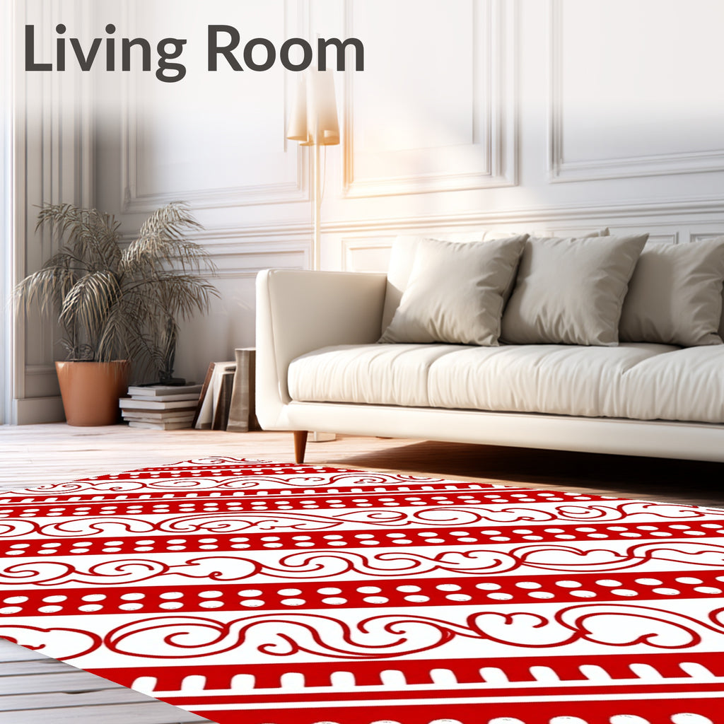 Red White Scrolling Vine Stripe Rug