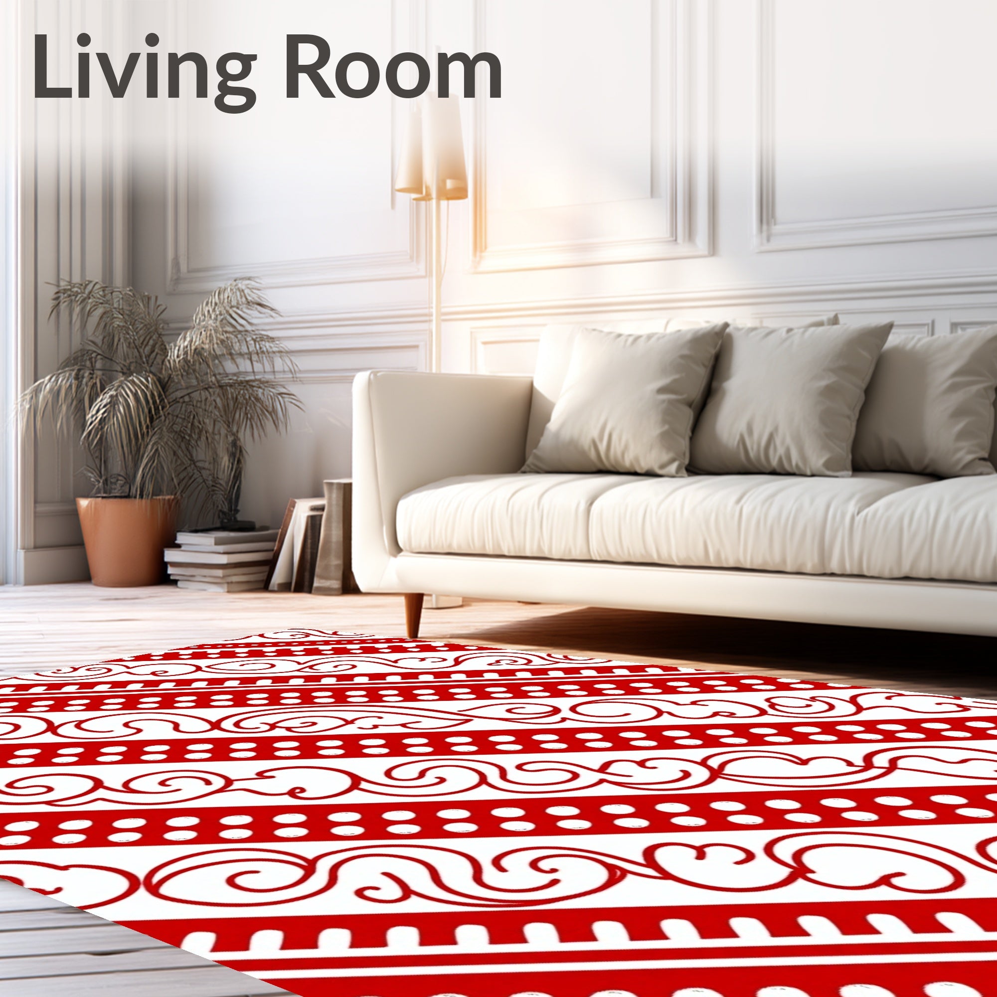 Red White Scrolling Vine Stripe Rug