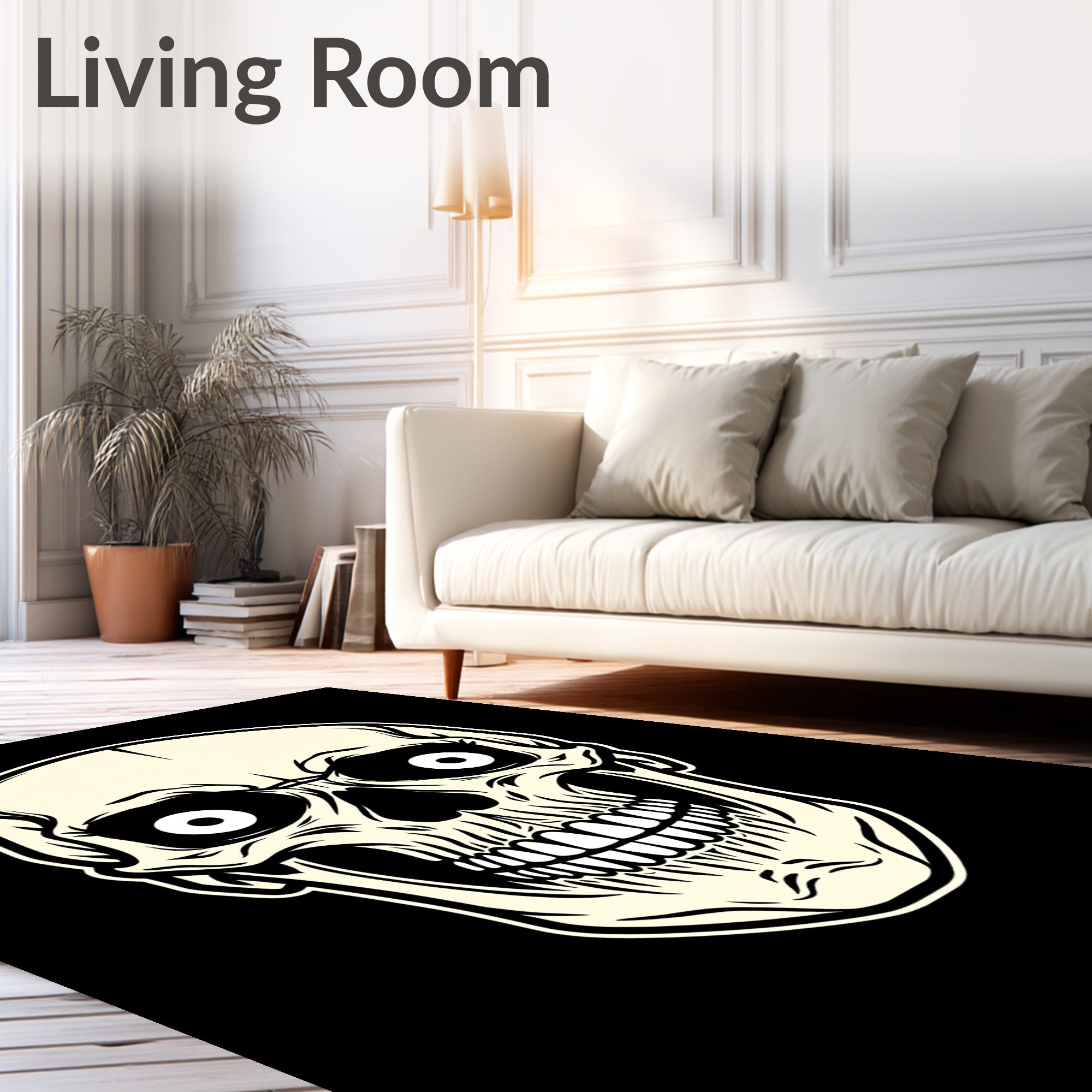 Cream Skull Face Illustration Rug