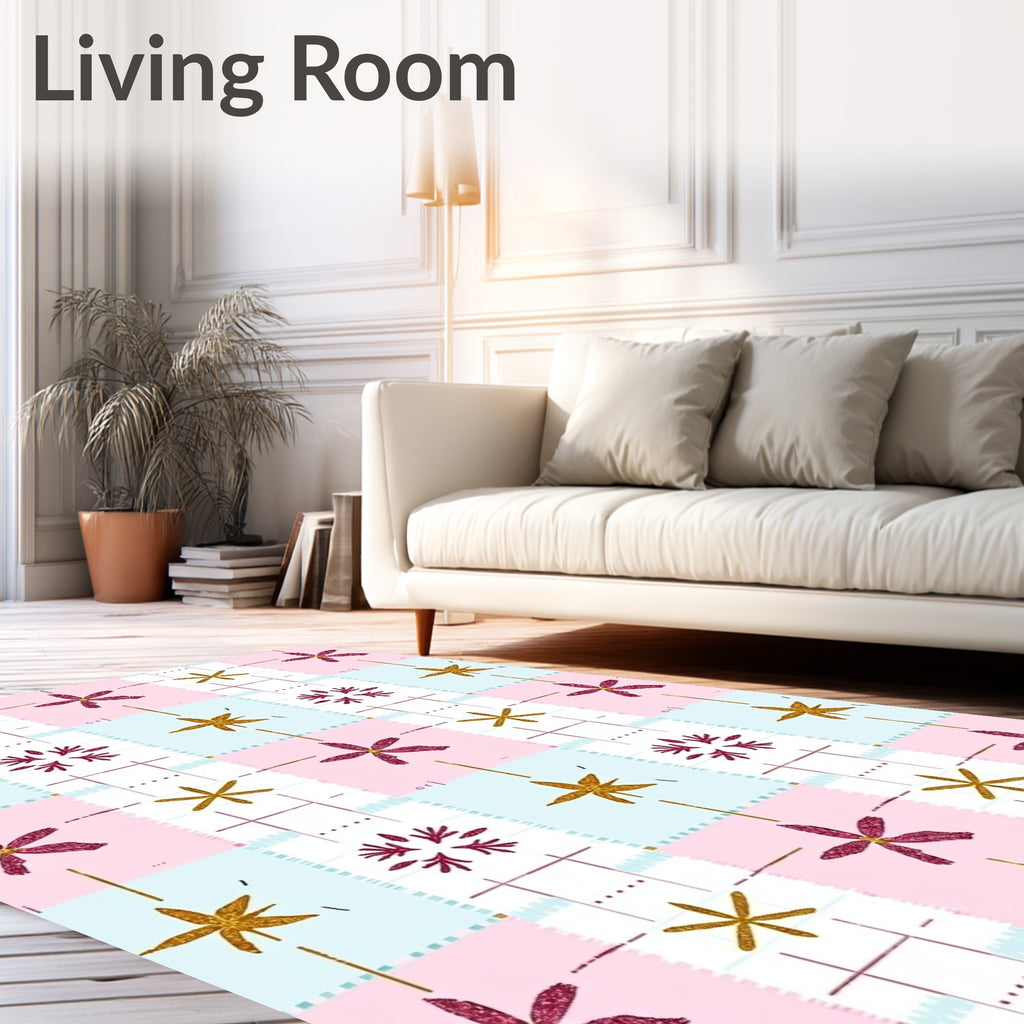 Pastel Pink Gold Star Floral Grid Rug