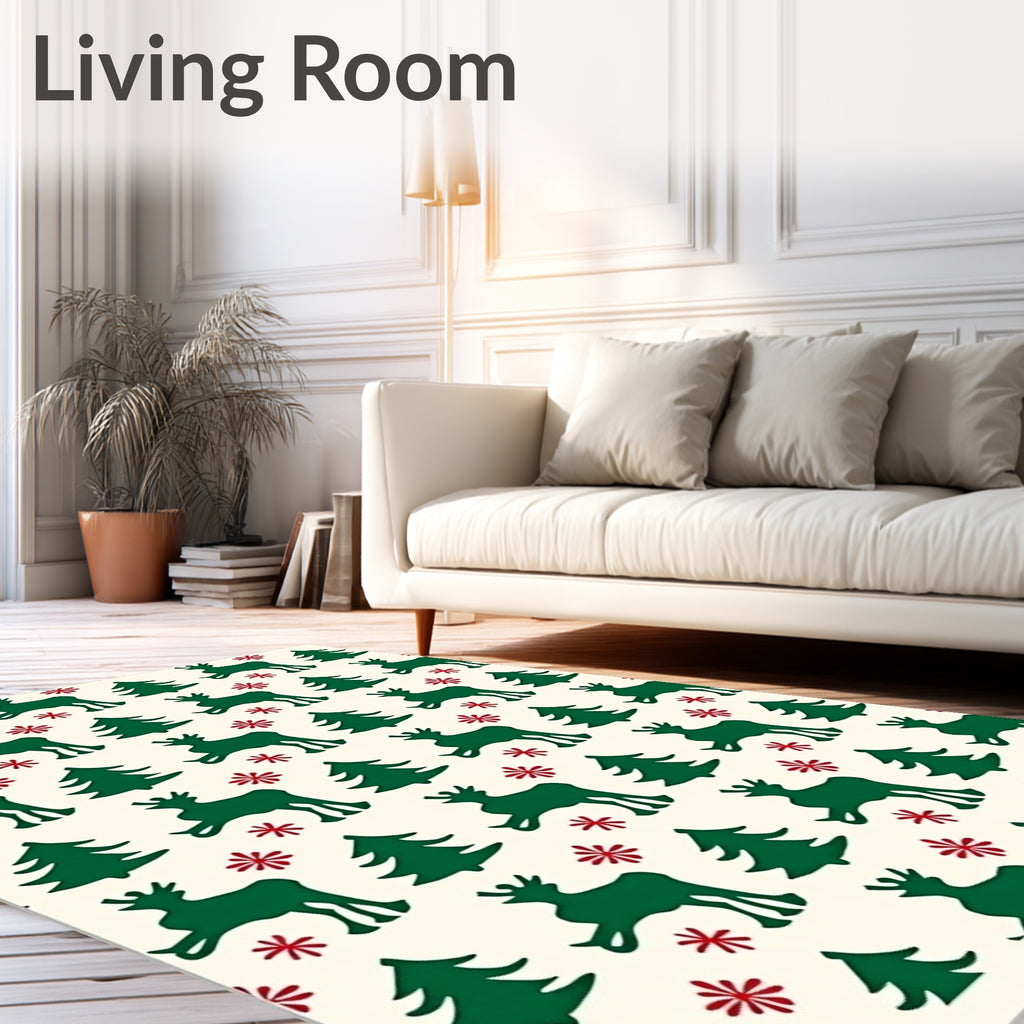 Festive Green Reindeer Christmas Trees Rug