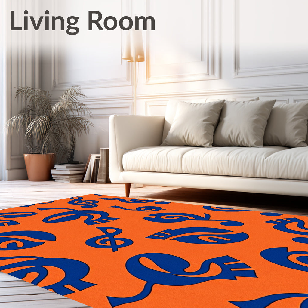Bold Blue Musical Notes Orange Rug