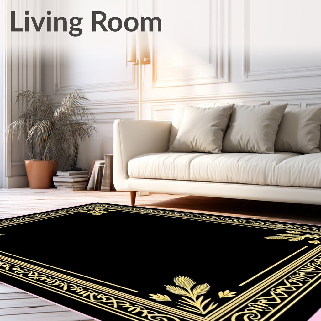 Golden Black Ornate Leaf Border Rug
