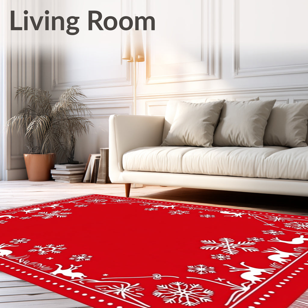 Red White Reindeer Snowflake Festive Accents Rug