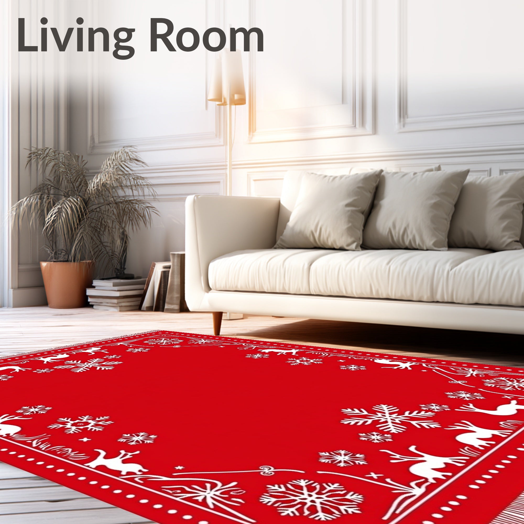 Red White Reindeer Snowflake Festive Accents Rug