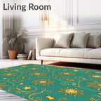 Golden Starburst Bells Teal Folk Rug