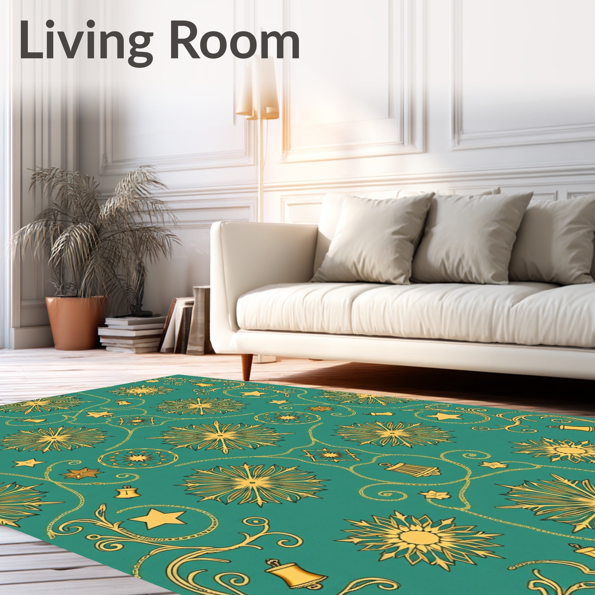 Golden Starburst Bells Teal Folk Rug