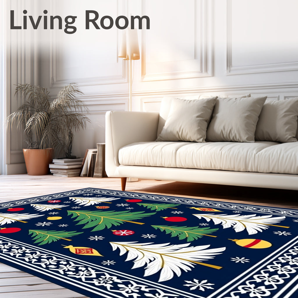 Festive Blue Christmas Tree Ornaments Rug
