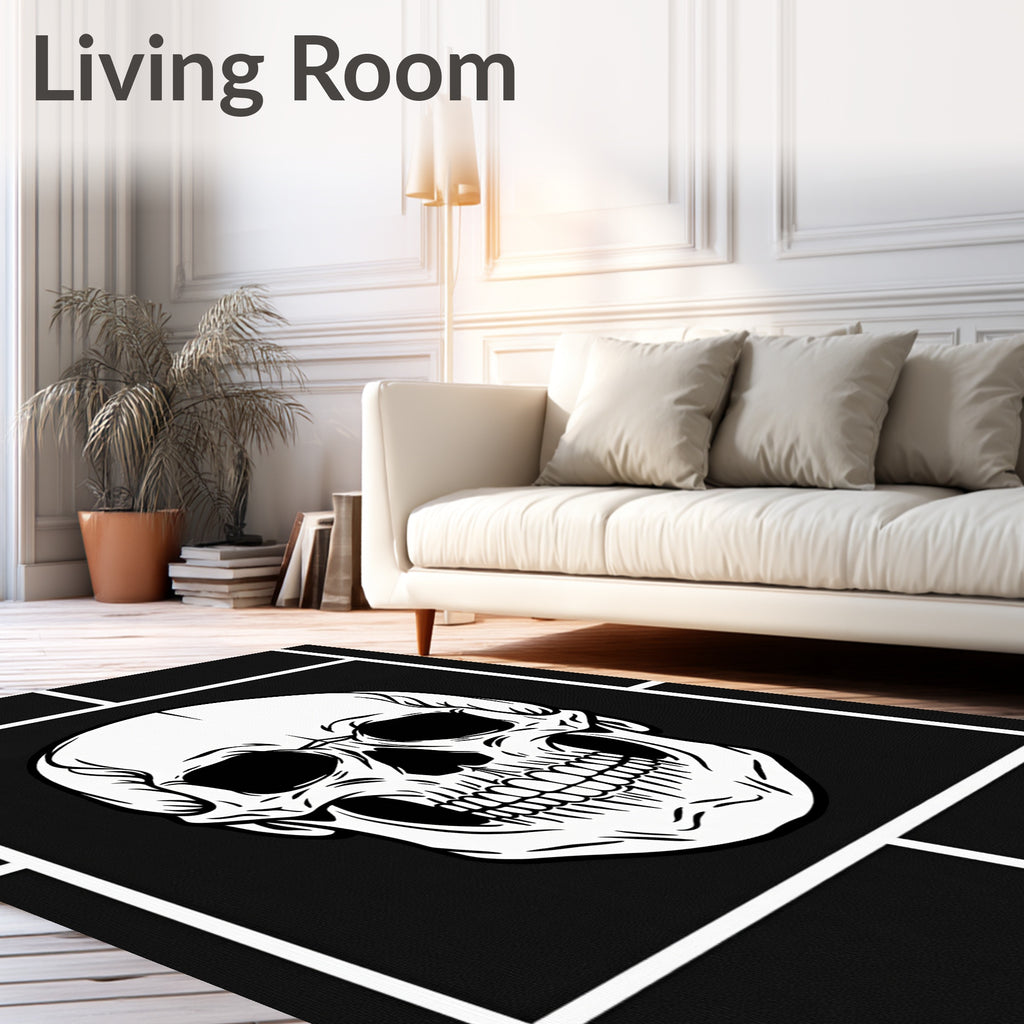 Striking White Skull Black Geometric Rug
