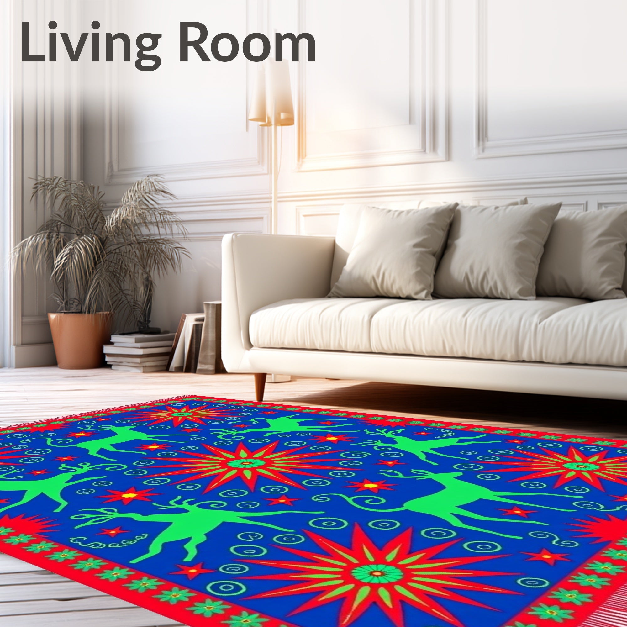 Vibrant Blue Green Red Deer Stars Rug