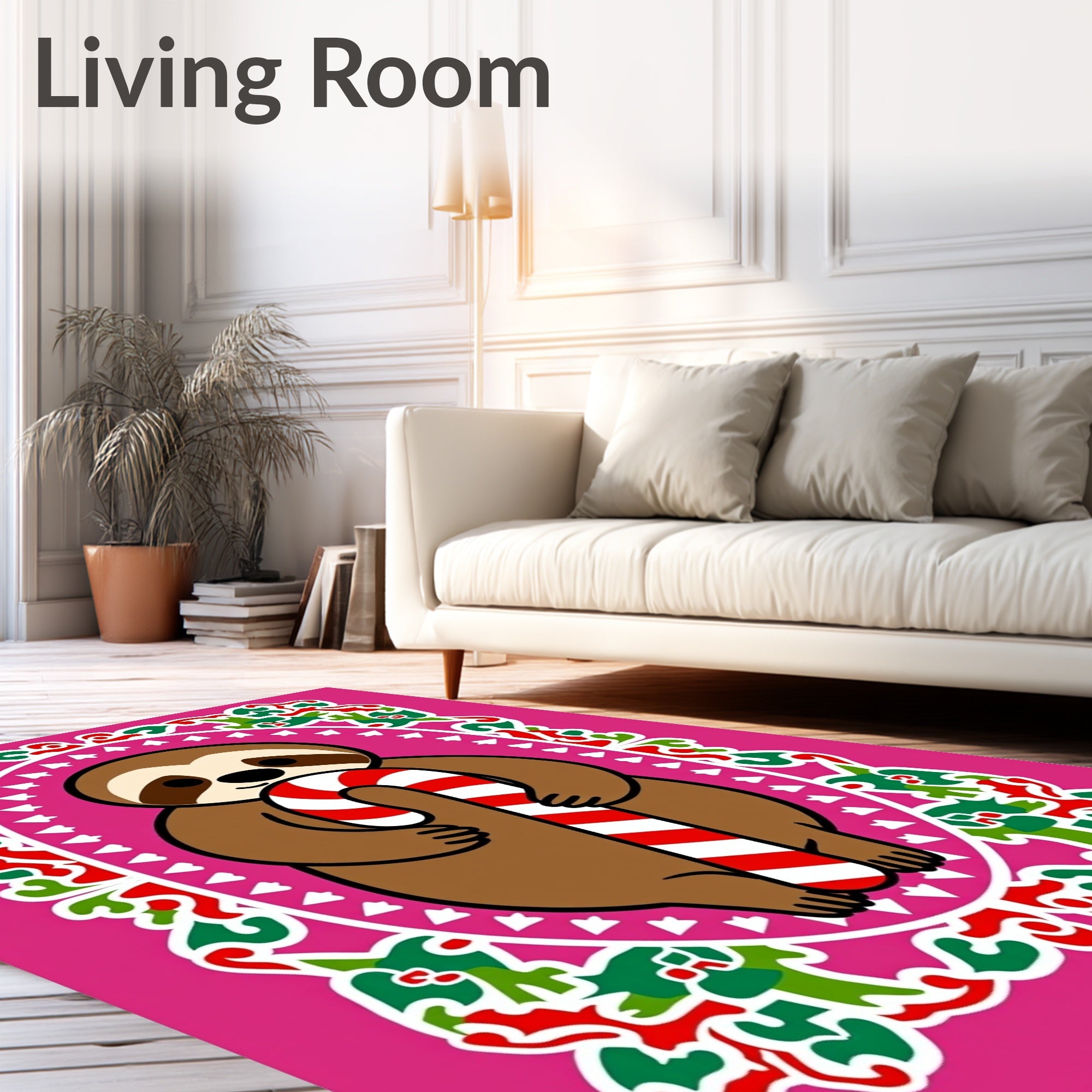 Whimsical Sloth Candy Cane Festive Frame Rug