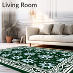 Dark Green Snow Crystal Floral Border Rug