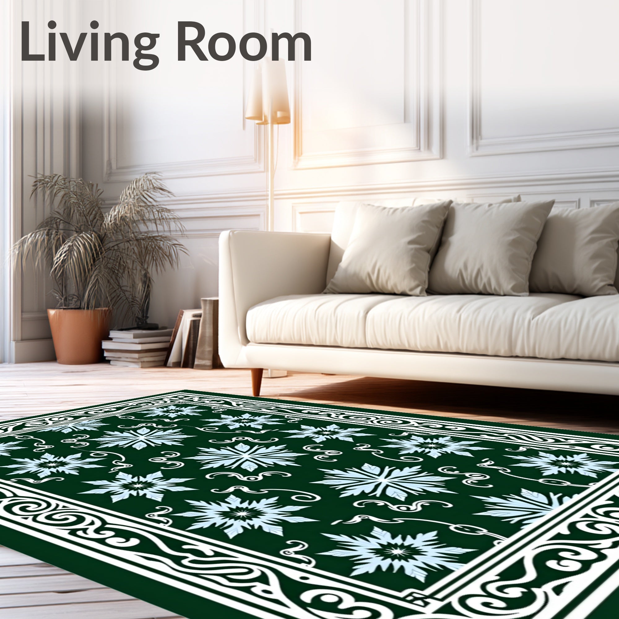 Dark Green Snow Crystal Floral Border Rug