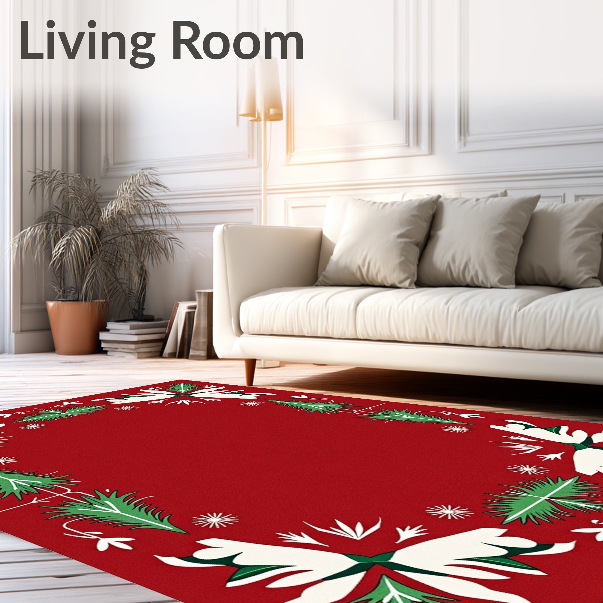 Crimson Green White Floral Evergreen Garland Rug