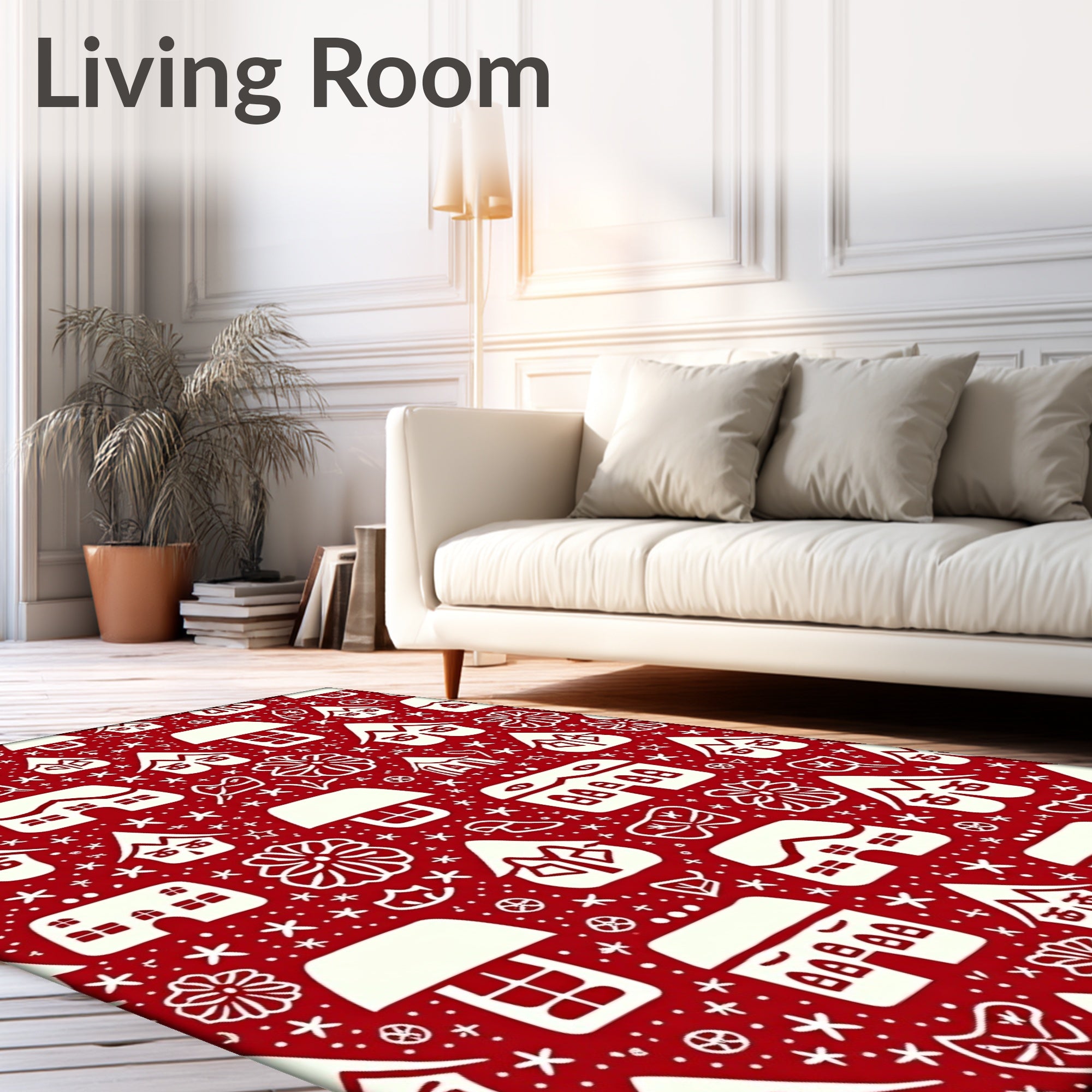 Festive Red Village Whimsical Houses Rug