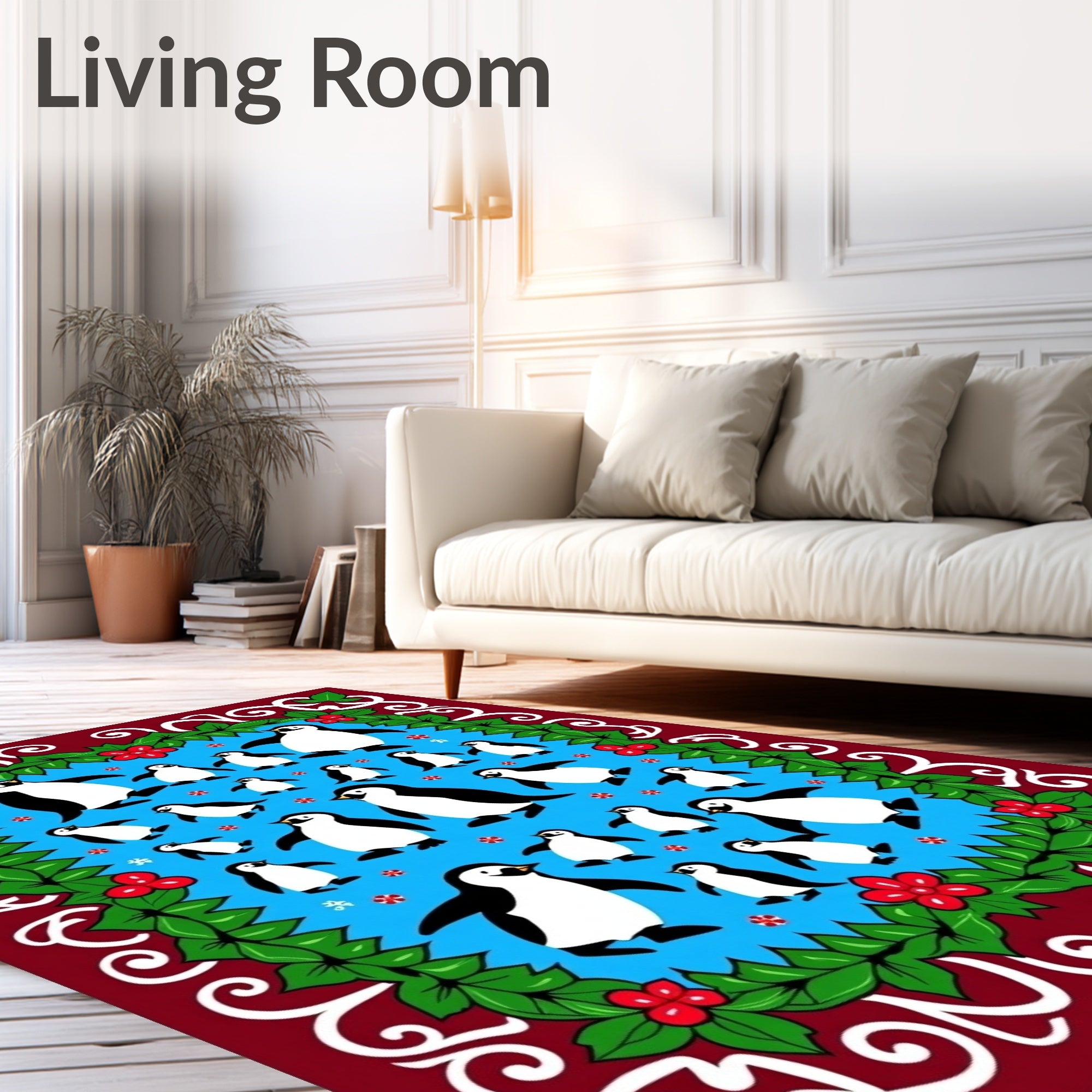 Cheery Black White Penguins Holly Border Rug