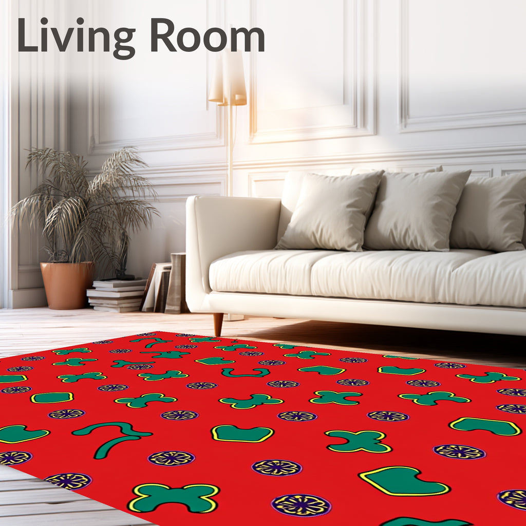 Red Green Abstract Shapes Medallion Rug