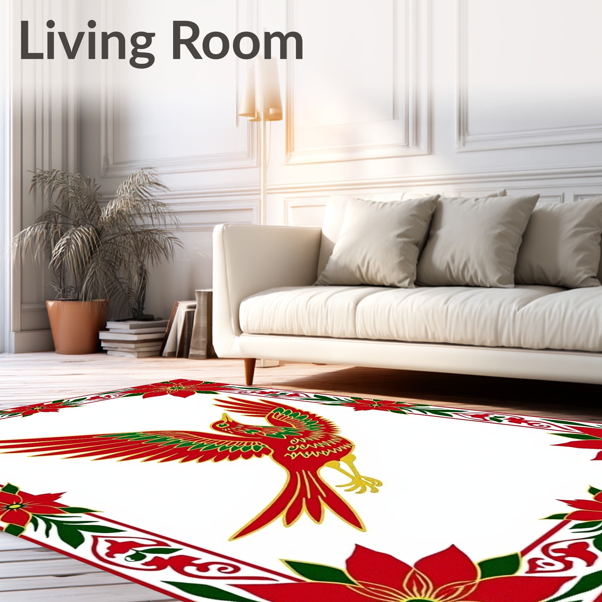Swooping Red Bird Festive Floral Border Rug