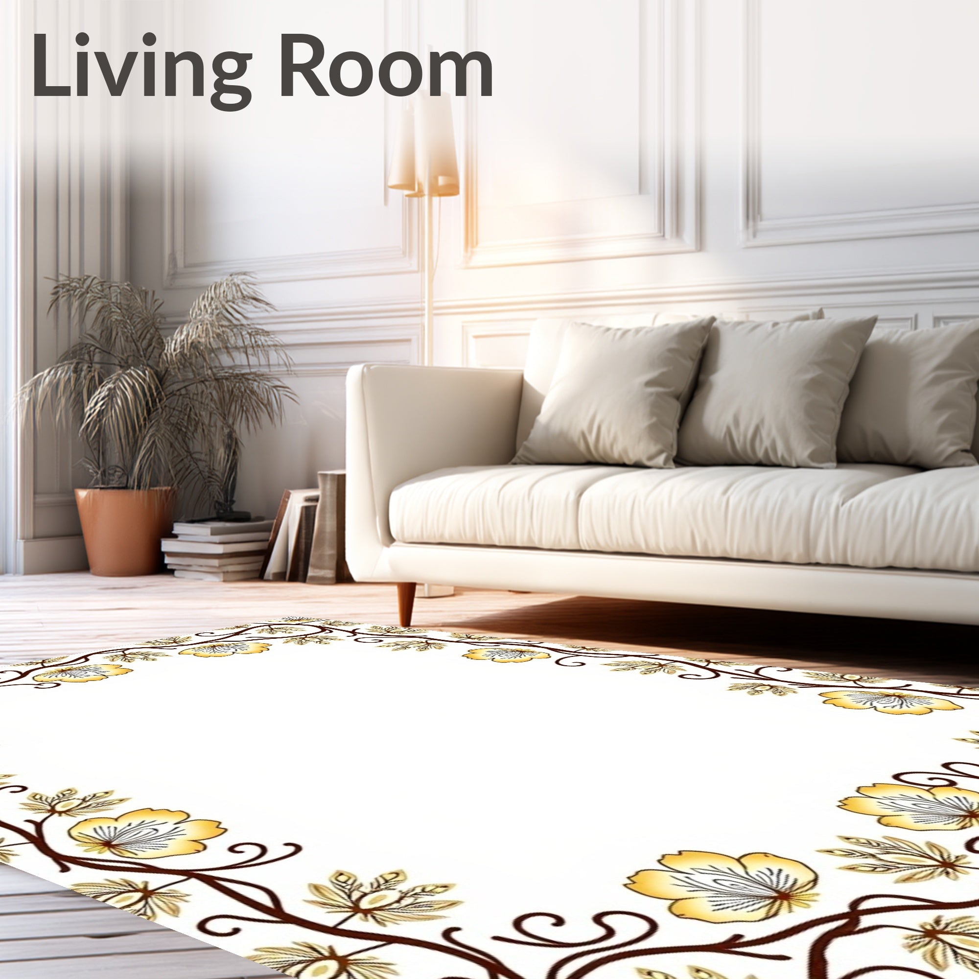 Golden Yellow Floral Vine Border Rug
