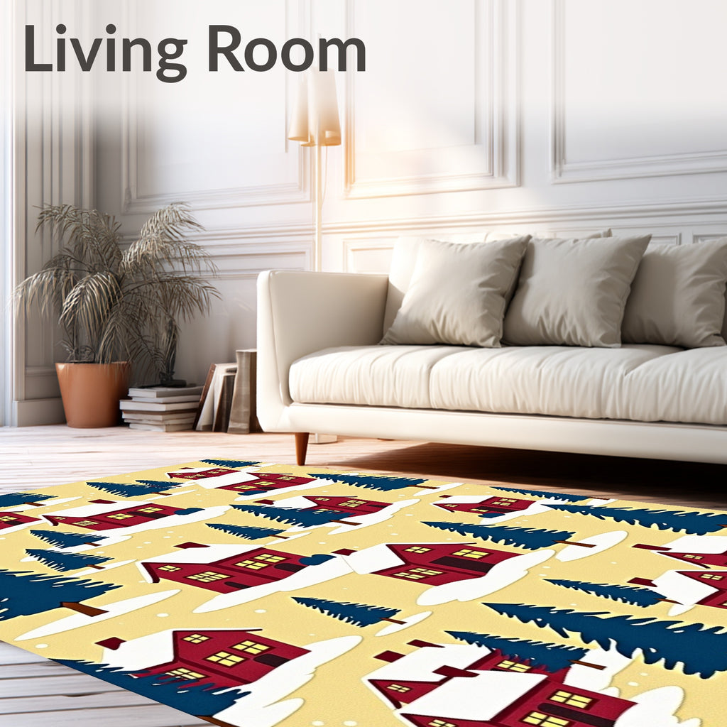 Cozy Red Houses Snowfall Forest Backdrop Rug