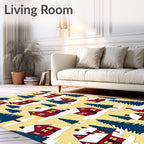 Cozy Red Houses Snowfall Forest Backdrop Rug