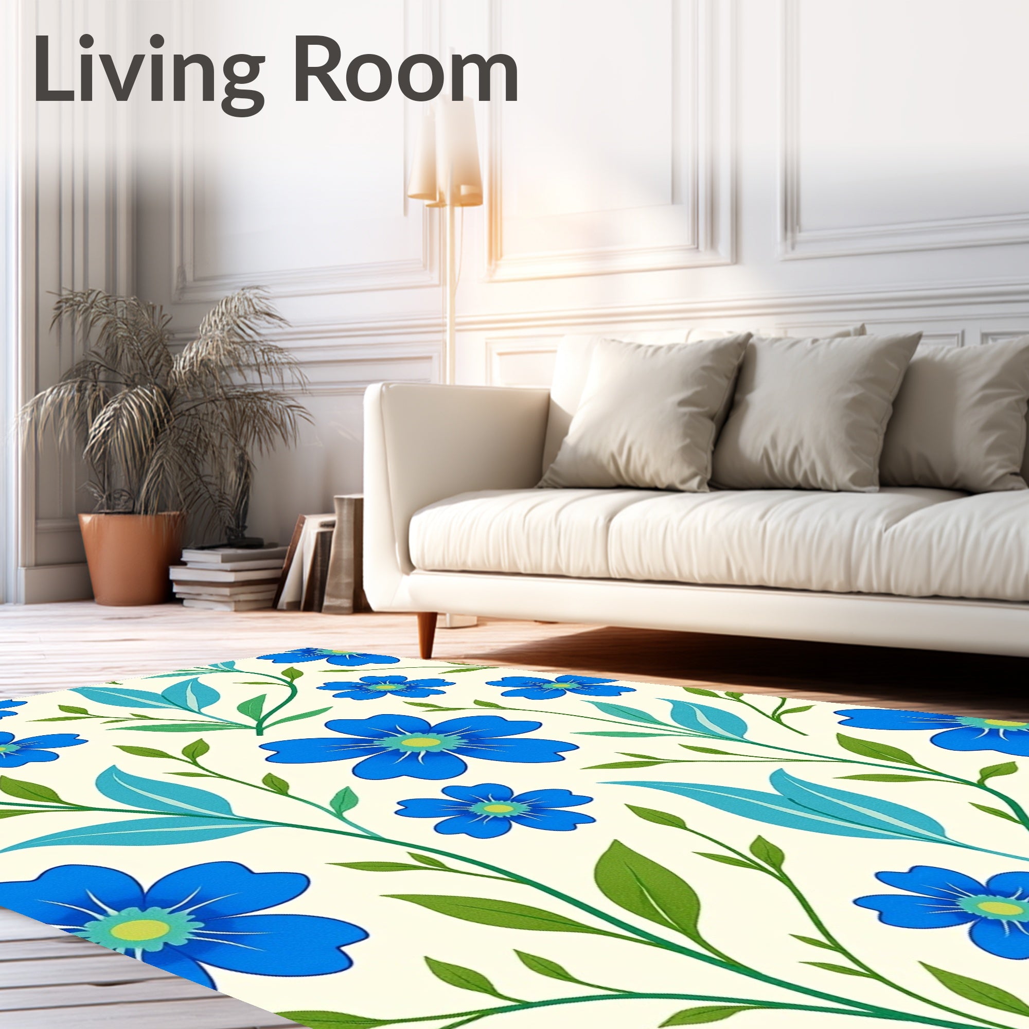 Blue Floral Vine Whimsical Botanical Rug