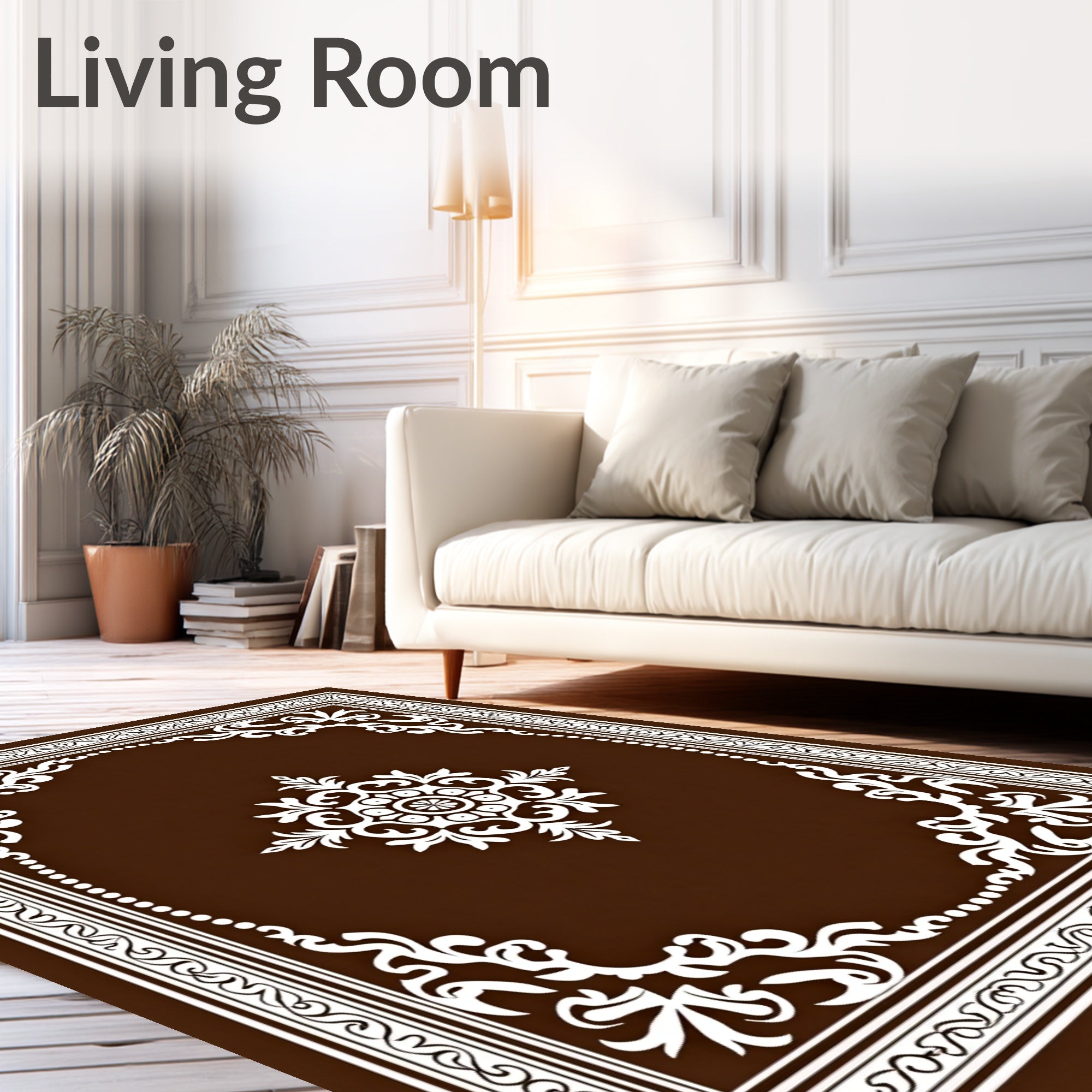 Rich Brown White Floral Medallion Border Rug