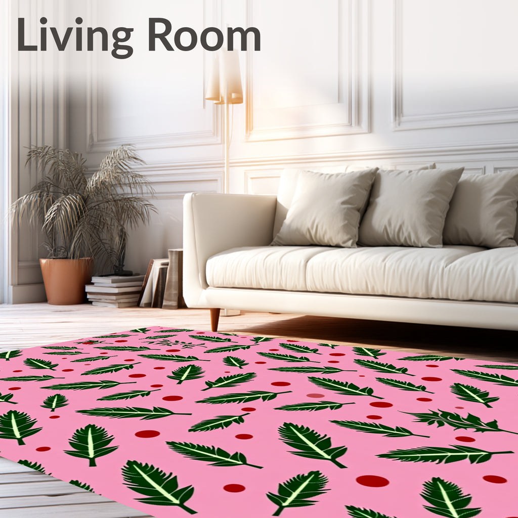 Whimsical Green Feather Pink Background Rug