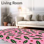 Whimsical Green Feather Pink Background Rug