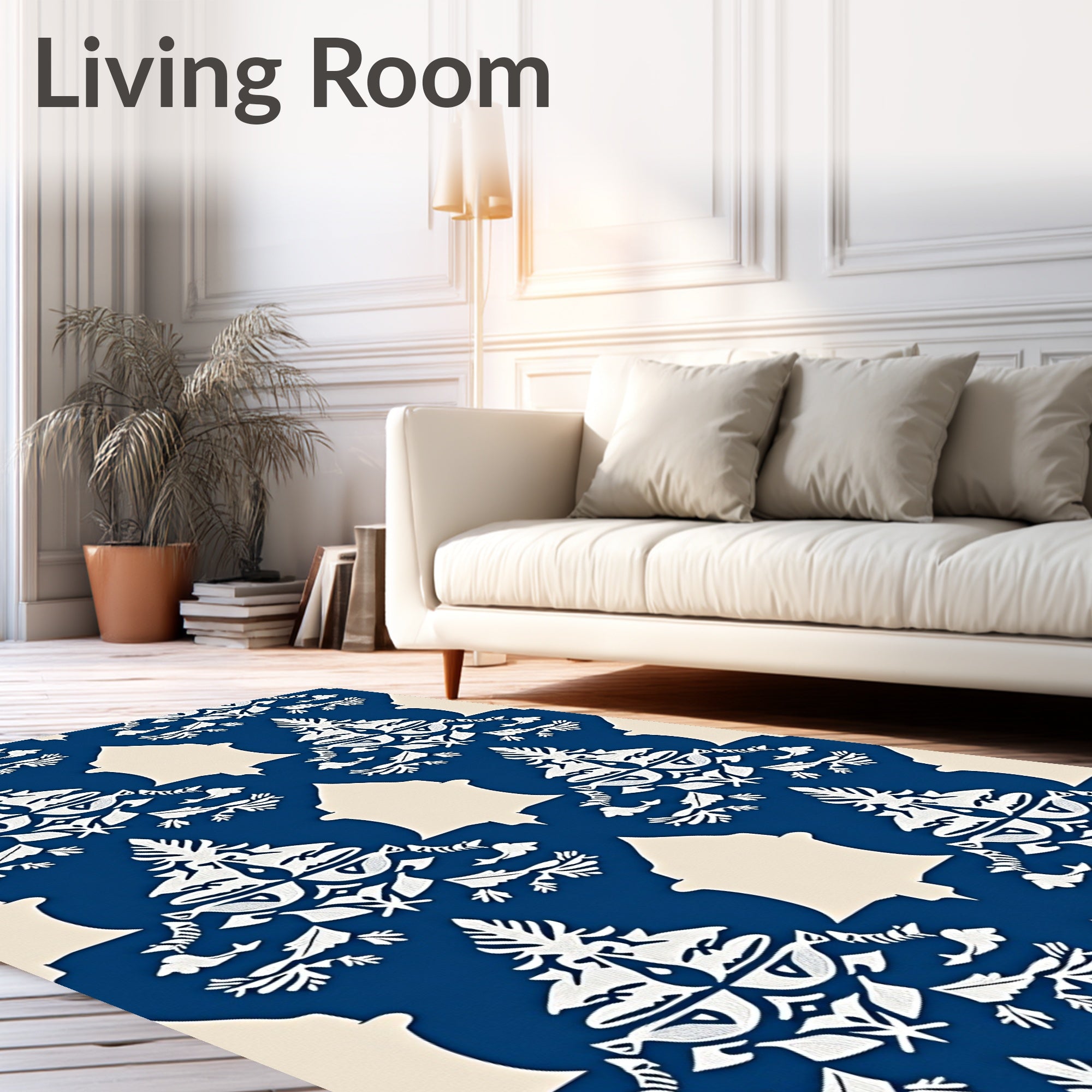 Rich Navy White Crested Floral Rug