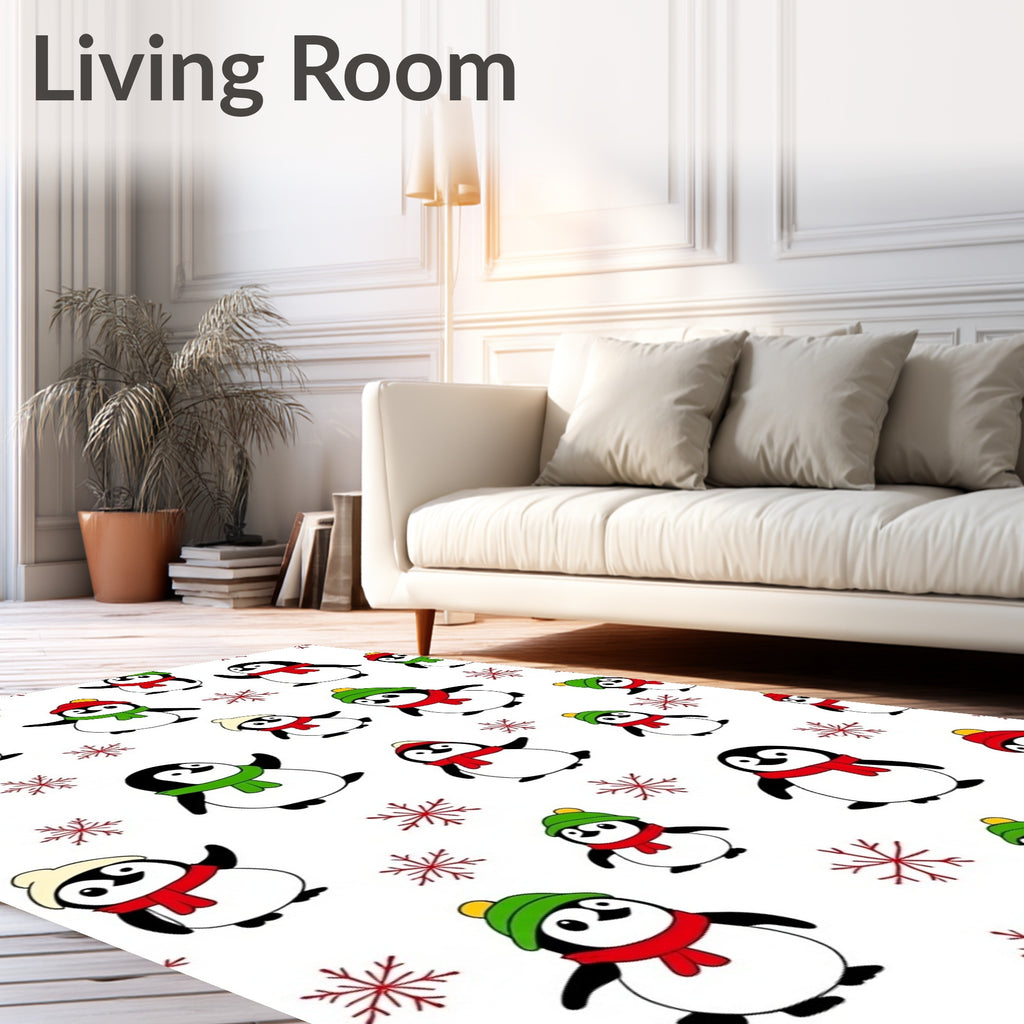 Whimsical Penguin Snowflakes Red Green Rug
